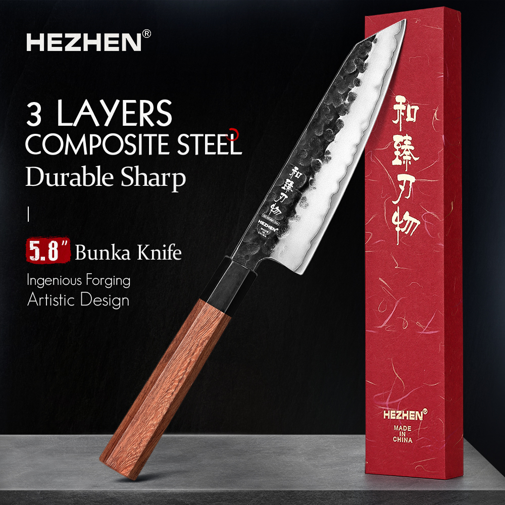 Wok Carbon Steel - HEZHEN 5.8 Inch Bunka Knife Three-layer
